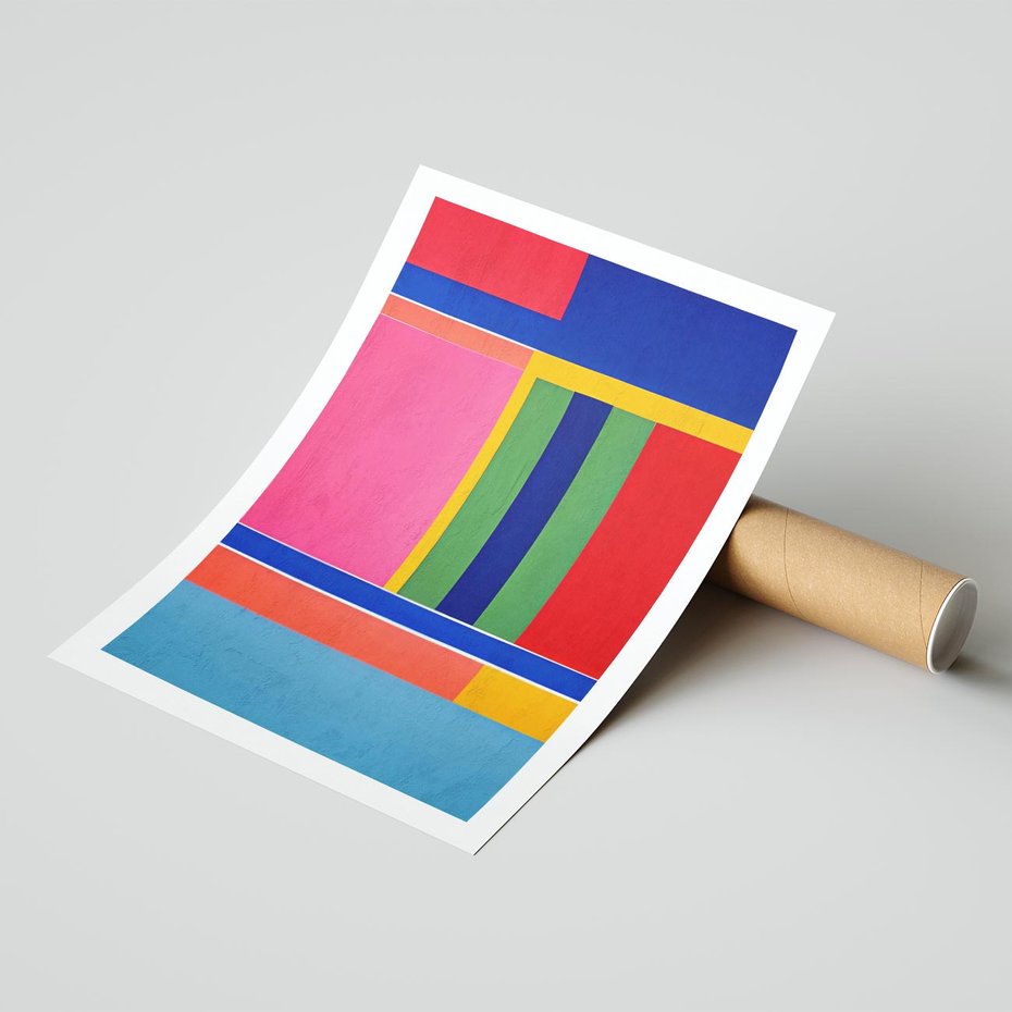 Plakat bez ramy 30x40 - Wnętrza Rozplątanych Barw - abstrakcyjny geometryczny obraz olejny, kolorowe pasy