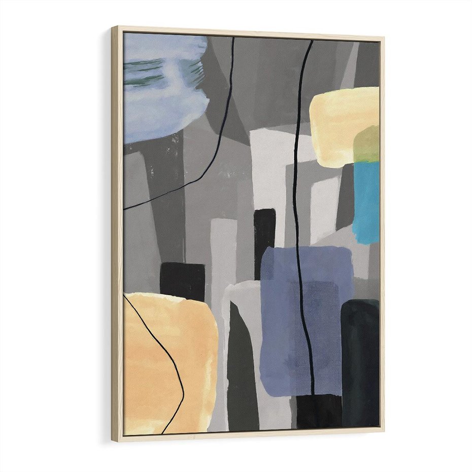 Obraz w ramie 70x100 - Harmonia w chaosie serca - abstrakcja na szarym tle, kolorowe plamy koloru - rama drewno