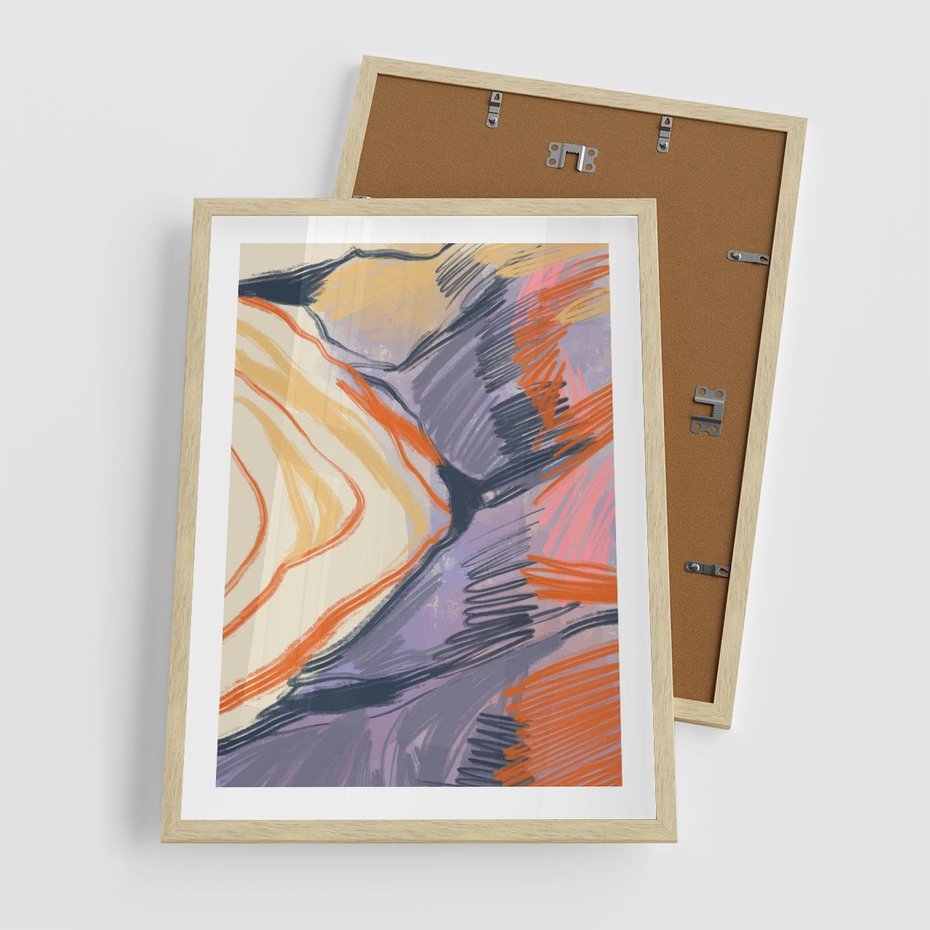 Plakat w ramie 50x70 - Pokreślony Świat - abstrakcyjne formy, odcienie pomarańczu i fioletu - rama drewno
