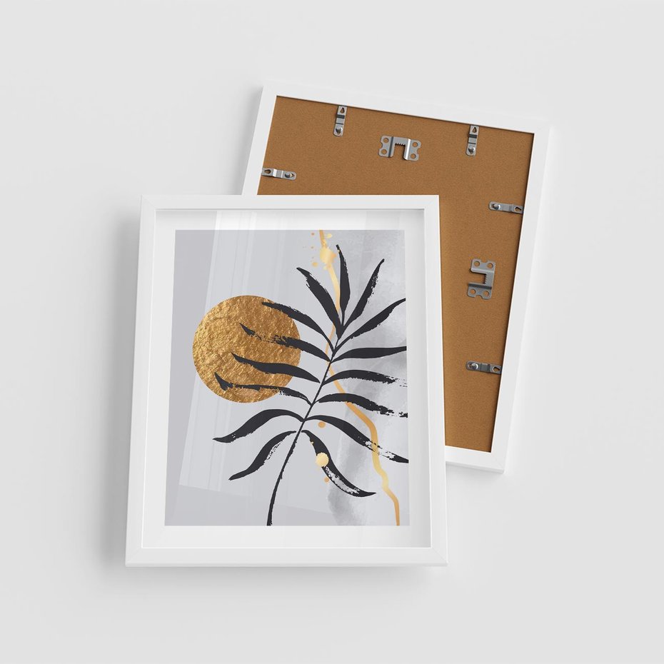 Plakat w ramie 40x50 - Grafika z Czarnym Liściem Palmy - czarny liść palmy, złóte kołó - rama biała