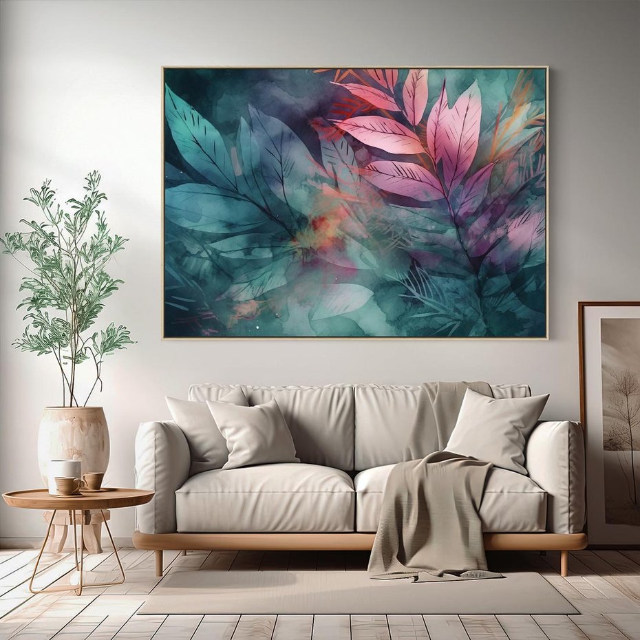 Obraz w ramie 70x50 - Subtelne Zielone - pastelowe zielone liście, róż - rama drewno