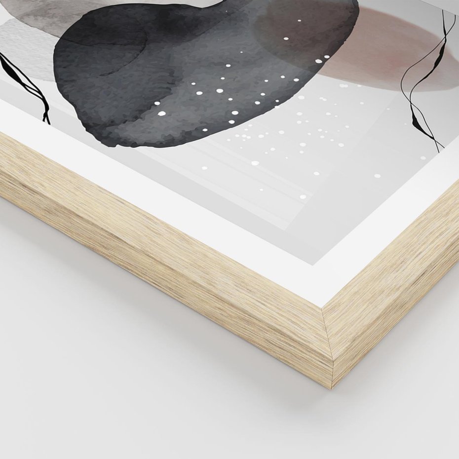 Plakat w ramie 40x50 - Impresje Harmonii - abstrakcyjne plamy akwarelowe, czarny szkic - rama drewno