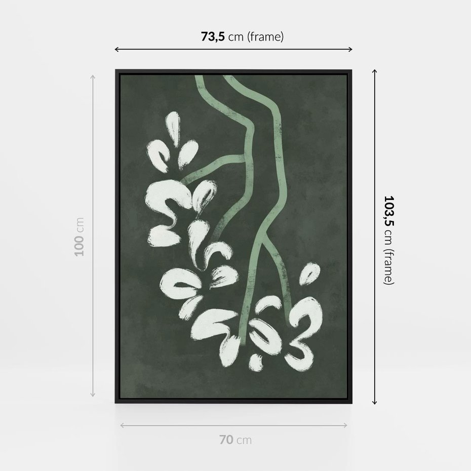 Obraz w ramie 70x100 - Rozkwitające Zielone Gałęzie - abstrakcyjne delikatne zielone linie, podobne do gałęzi kwiatów - rama czarna