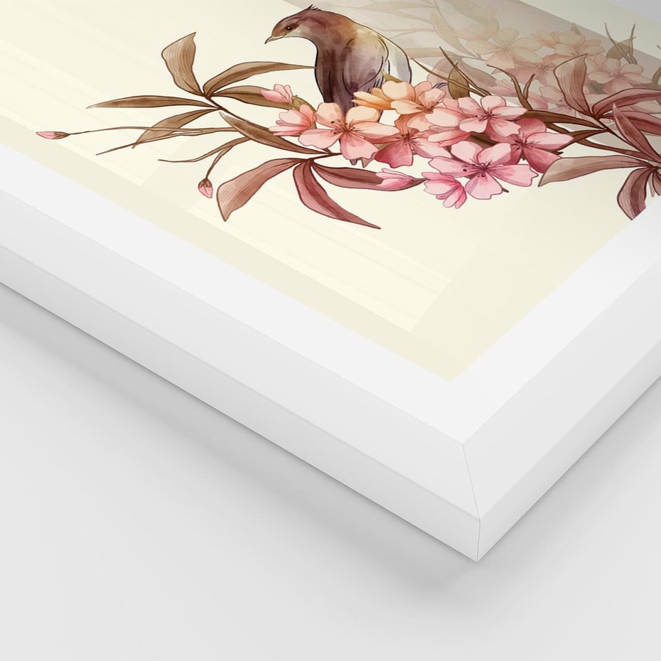 Plakat w ramie 50x70 - Kwiatowe Zanurzenie - japońska sztuka, ptak - rama biała