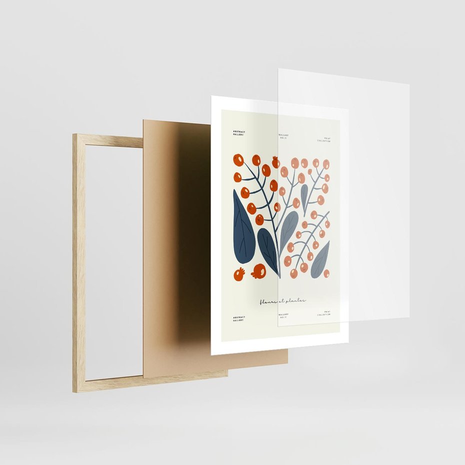 Plakat w ramie 50x70 - Minimalistyczna Uroda Jarzębin - jarzębiny, niebieskie liście - rama drewno