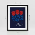 Plakat w ramie 40x50 - Podróżne Barwy - czerwone abstrakcyjne kwiaty, granatowe tło - rama czarna