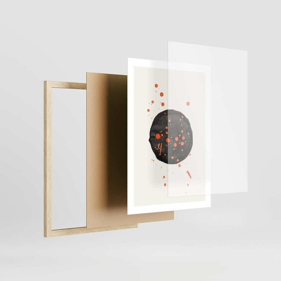Plakat w ramie 50x70 - Impulsy Kreatywności - abstrakcyjna czarna plama, rozsiane pomarańczowe kropki - rama drewno
