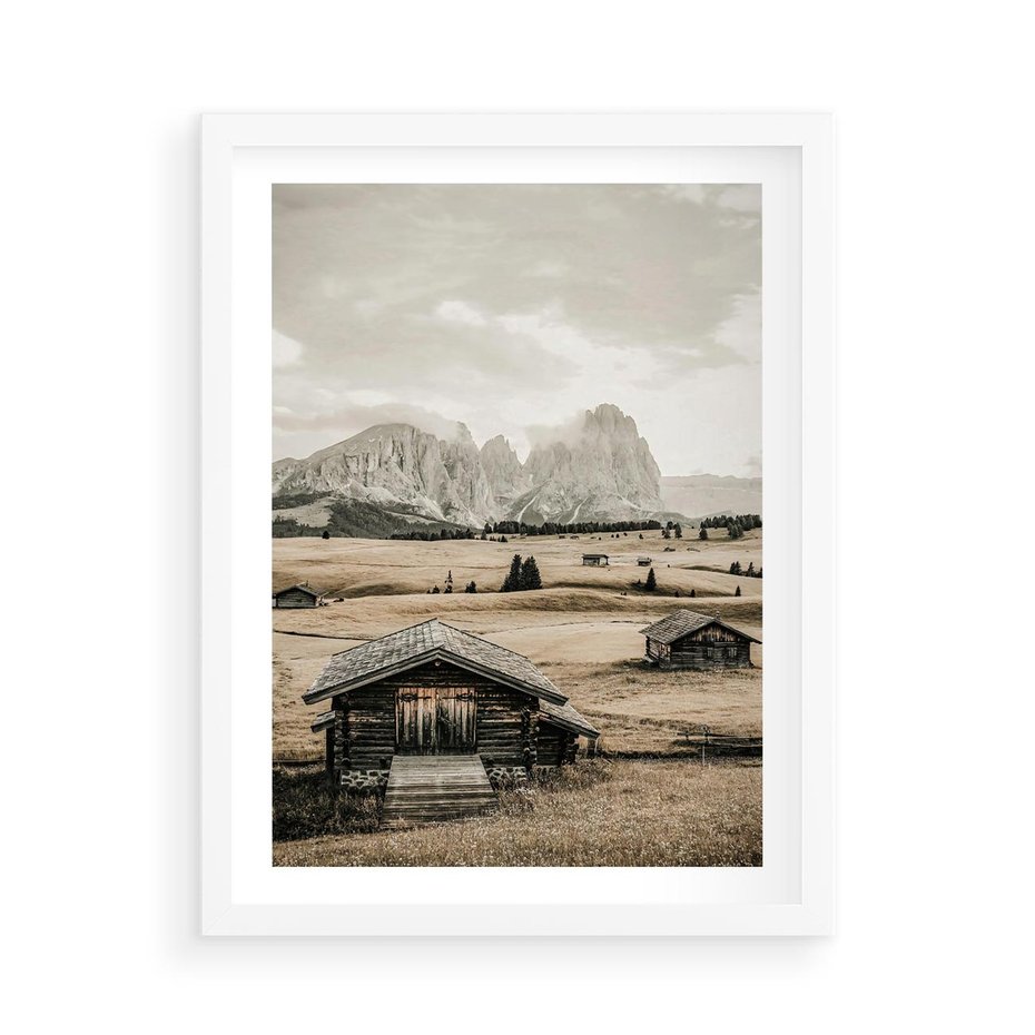 Plakat w ramie 50x70 - Klasyczny Urok Górskich Domków - domki, w górach - rama biała