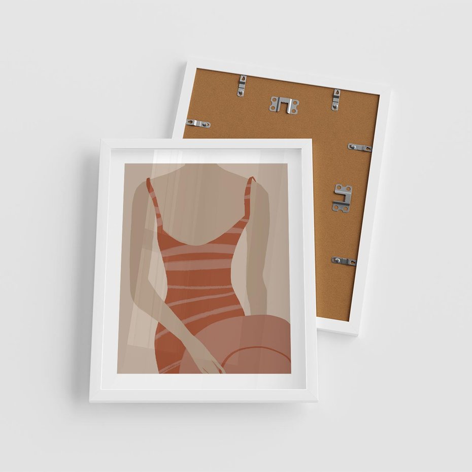 Plakat w ramie 40x50 - Kobiece Retro - minimalistyczny boho plakat, retro kobieta w stroju kąpielowym - rama biała