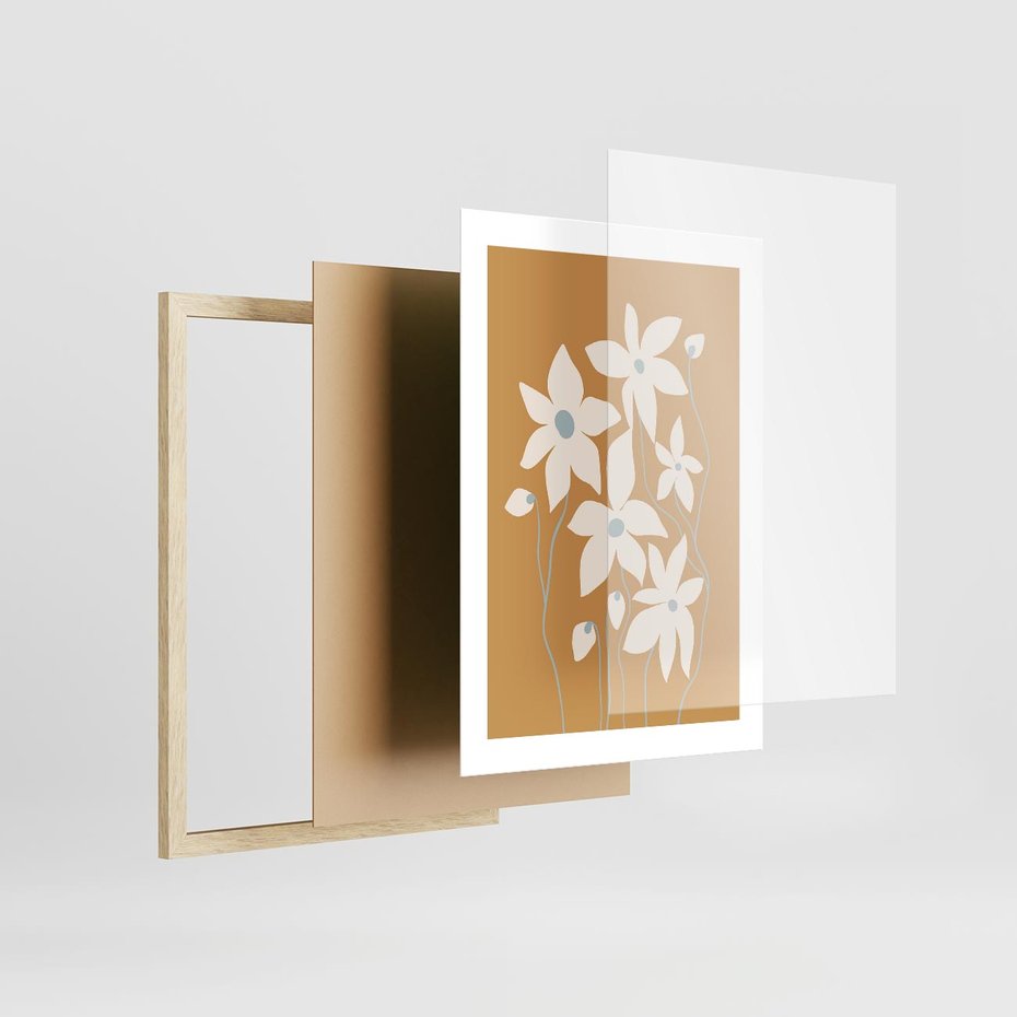 Plakat w ramie 30x40 - Kwiatowy Spektakl - minimalistyczne kwiaty, na pomarańczowym tle - rama drewno