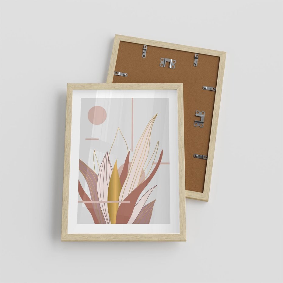 Plakat w ramie 30x40 - Złota Grafika Liści: Wyjątkowa Dekoracja - liście, złoto - rama drewno