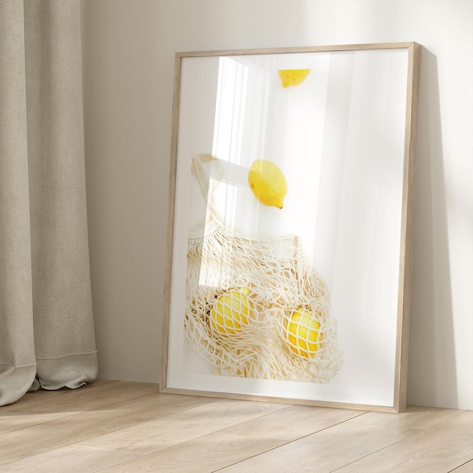 Plakat w ramie 50x70 - Cytrynowa Siatka - cytryny, materiałowa siatka - rama drewno