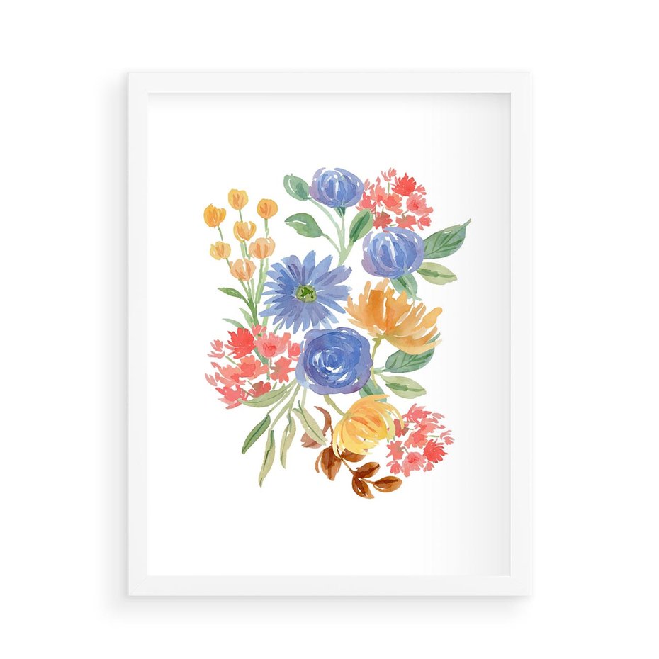 Plakat w ramie 50x70 - Kwiatowe Światło - akwarelowe kwiaty, bukiet - rama biała