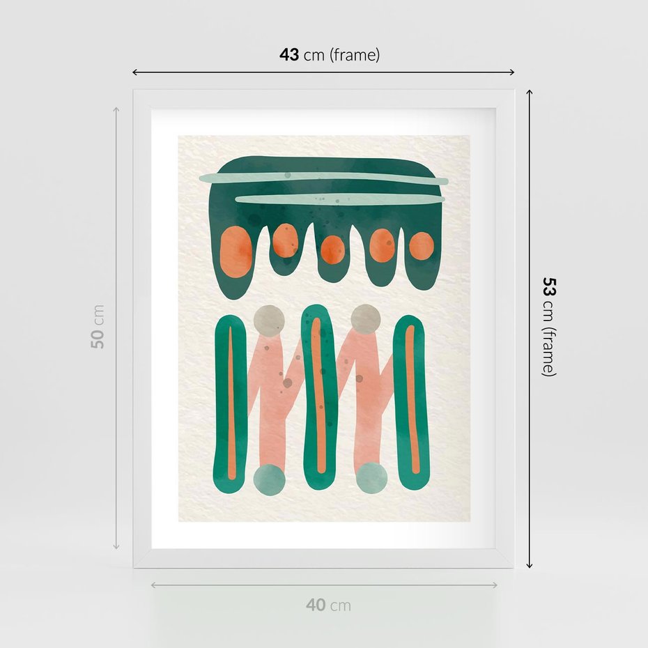 Plakat w ramie 40x50 - Zaklęte Wzory Natury - przypadkowe abstrakcyjne wzory, pomarańczowy i zielony - rama biała