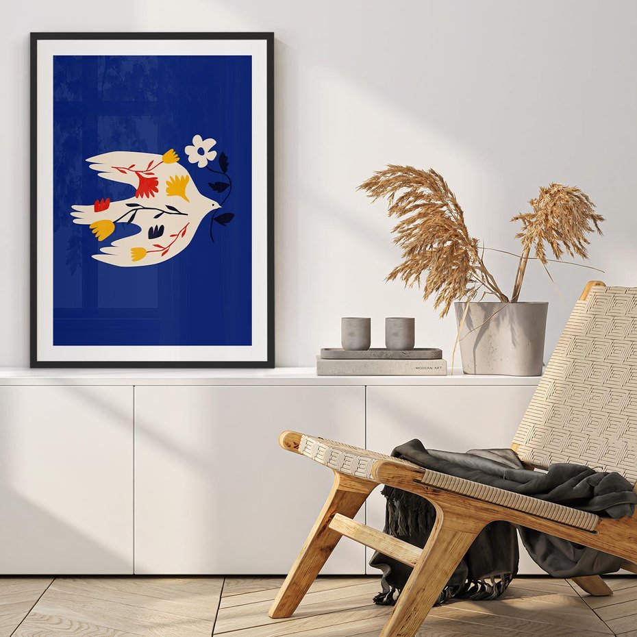 Plakat bez ramy 30x40 - Bezczasowy Szept - niebieskie tło, abstrakcyjny biały ptak