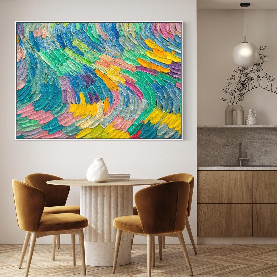 Obraz w ramie 70x50 - Egzotyczne Pióra - abstrakcyjne dzieło, farby olejne - rama biała