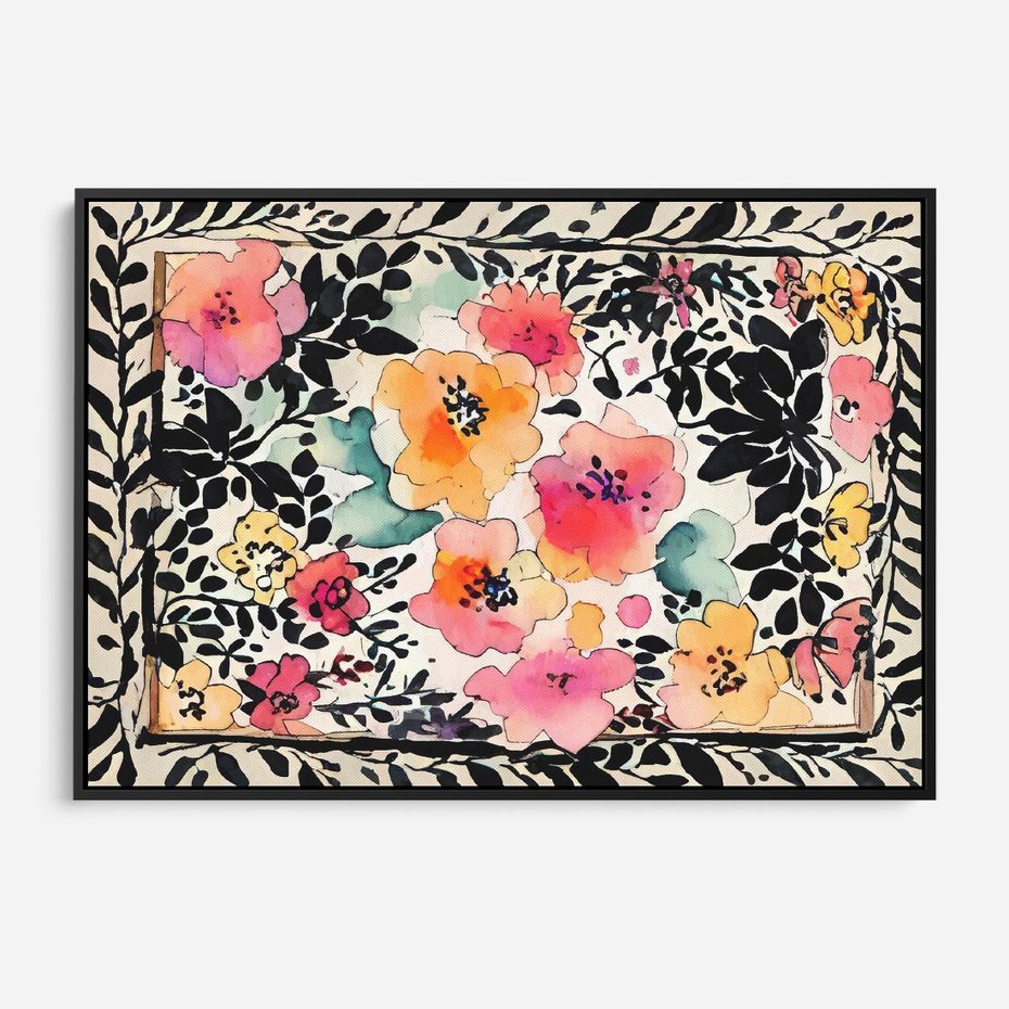 Obraz w ramie 70x50 - Opowieść w kroplach farb - akwarelowe kwiaty, mocna ornamentowa czarna ramka namalowana dookoła obrazu - rama czarna