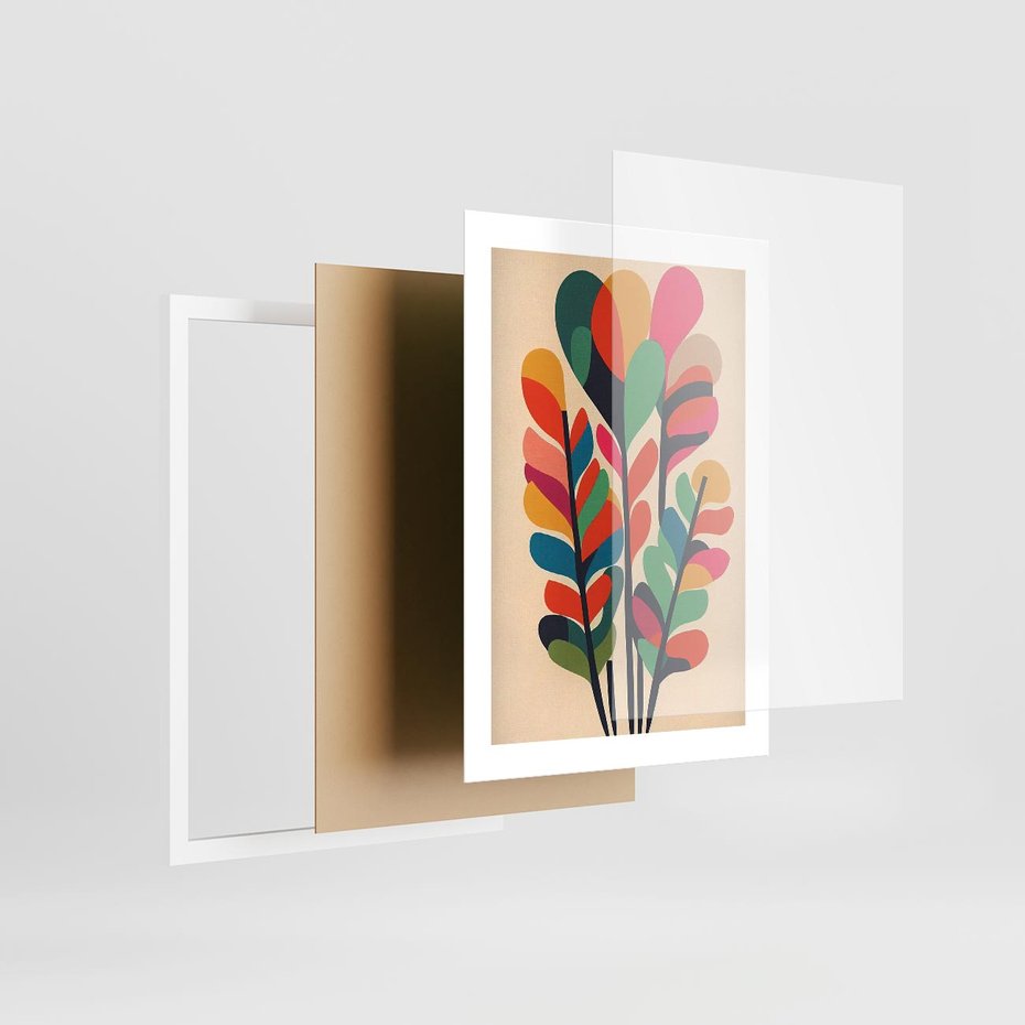 Plakat w ramie 30x40 - Symfonia Wzrokowych Impresji - abstrakcyjny kolorowy tęczowy obraz, inspiracje roślinne - rama biała