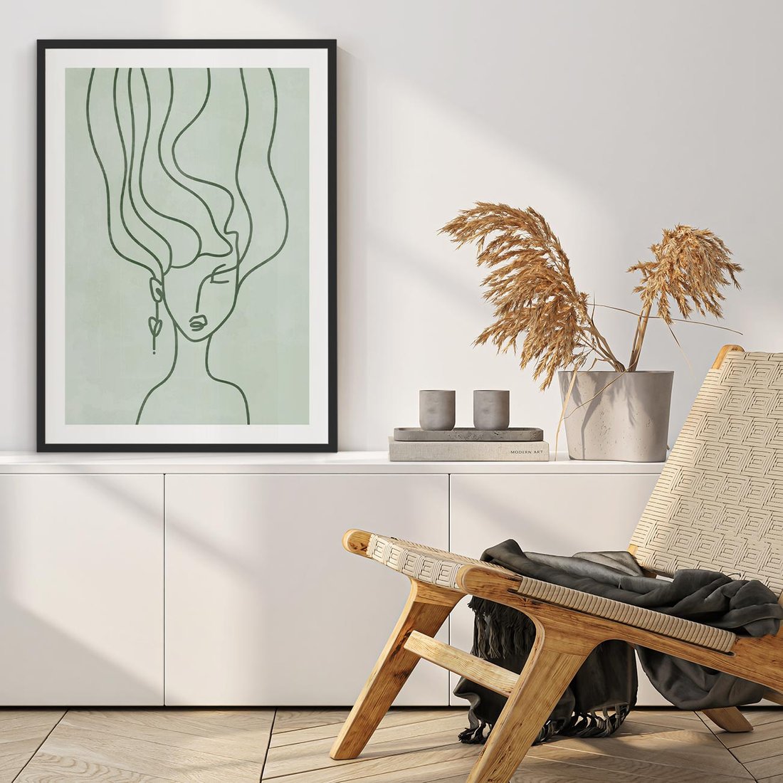 Plakat w ramie 50x70 - Spokojne Objęcia Natury - abstrakcja, zielony szkic - rama czarna