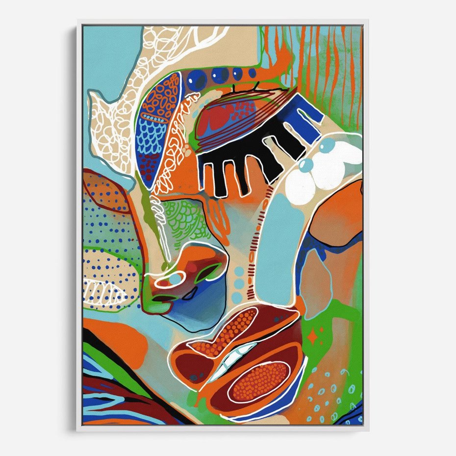 Obraz w ramie 50x70 - Wibracje Kształtów - abstrakcyjny portret kobiety, twarz - rama biała