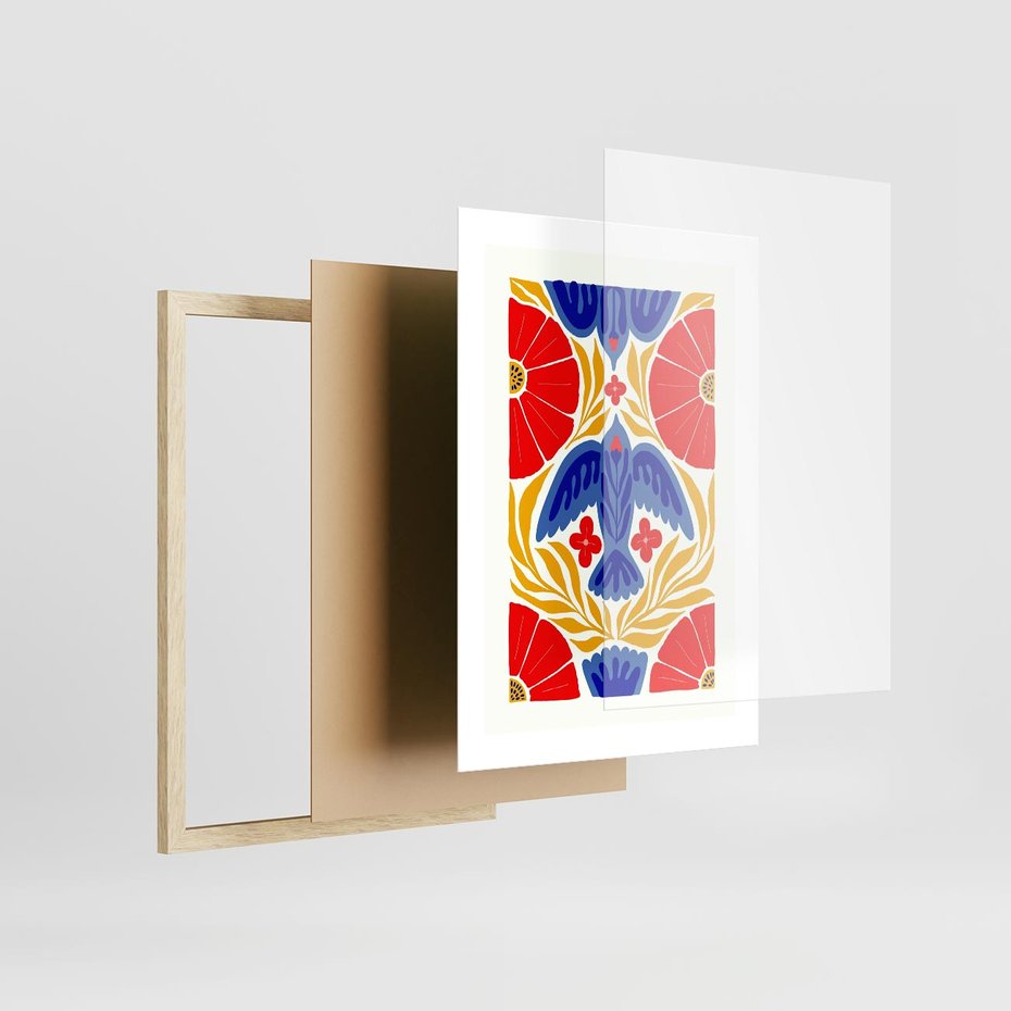 Plakat w ramie 30x40 - Eklektyczny Majestat - wyrazista grafika, mocne kolory czerwień niebieski żółty - rama drewno