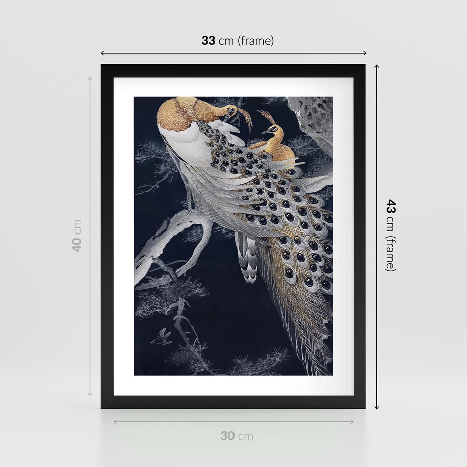 Plakat w ramie 30x40 - Japońskie Pawie - japońska grafika, pawie - rama czarna