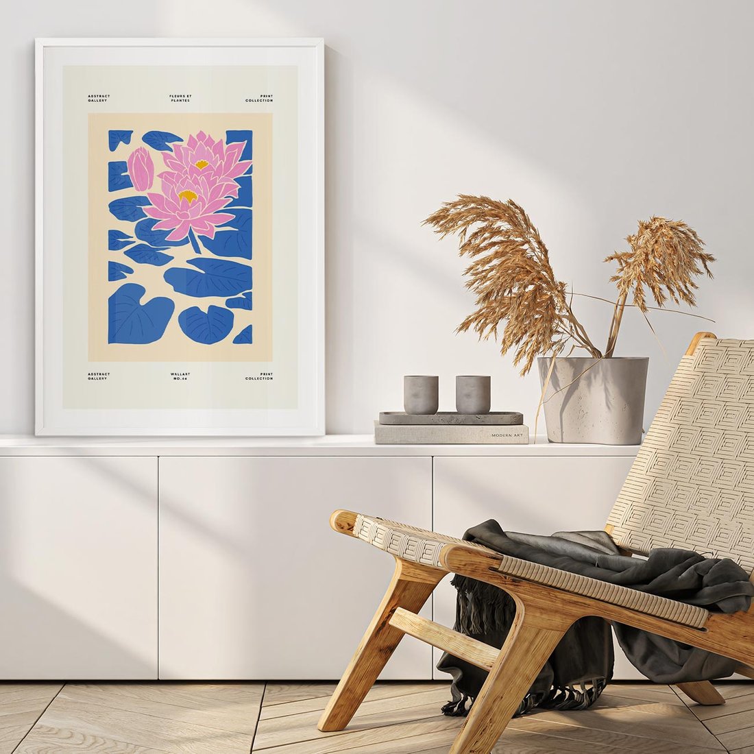 Plakat w ramie 40x50 - Rozświetlone Odbicia - lilie wodne, pastelowe kolory - rama biała