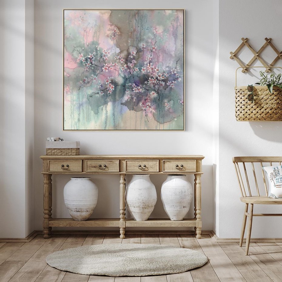 Obraz w ramie 50x50 - Efemeryczne Kwitnienie Drzew - akwarela, rozmyte pastelowe tłó - rama drewno