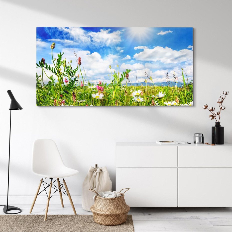 Obraz na płótnie 140x70 - Niebiańska łąka pełna kwiatów - łąka, niebo