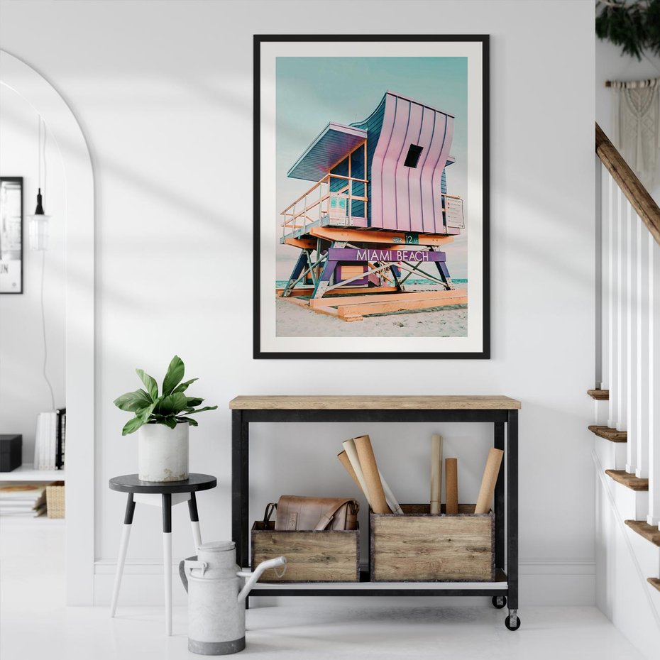 Plakat w ramie 30x40 - Miami Beach - plaża miami, domek ratownika - rama czarna
