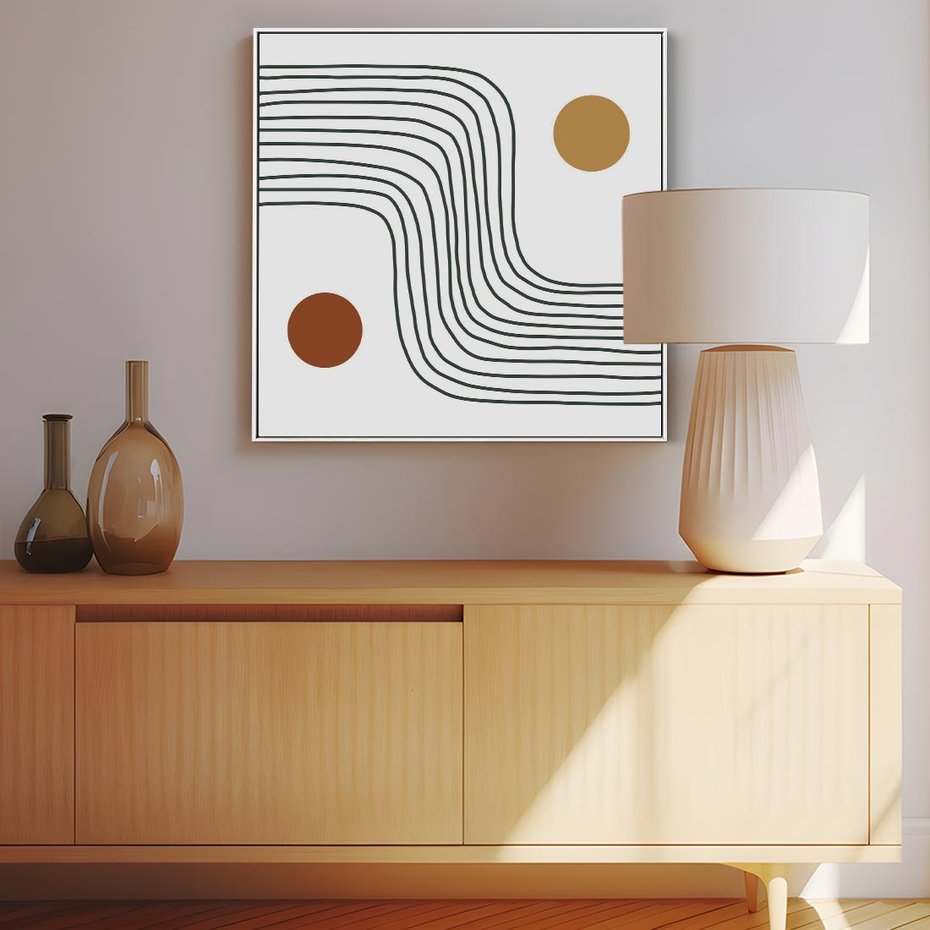 Obraz w ramie 80x80 - Kontury Harmonii - nieregularne linie, koła - rama biała