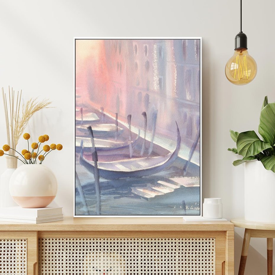 Obraz w ramie 70x100 - Romantyczne Zachody - akwarelowy rysunek, stonowane pastelowe kolory - rama biała