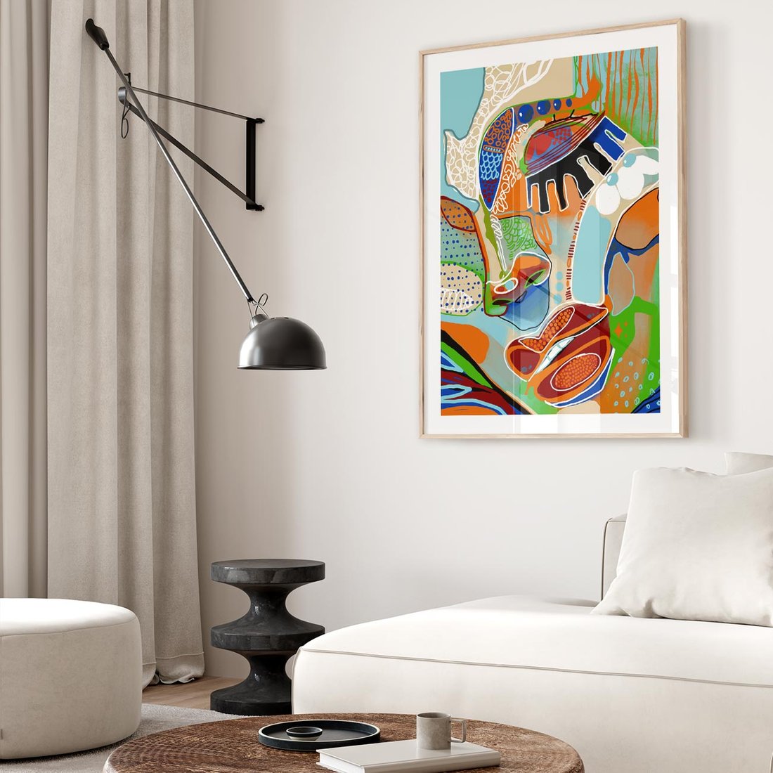 Plakat w ramie 50x70 - Wibracje Kształtów - abstrakcyjny portret kobiety, twarz - rama drewno