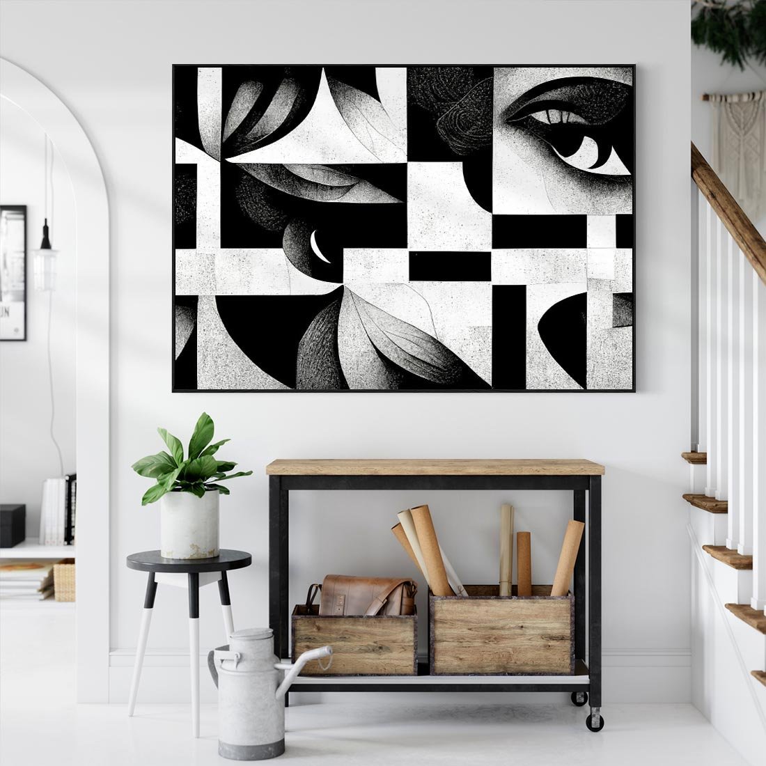 Obraz w ramie 100x70 - Harmonia świateł i cieni - abstrakcja czarno biała, geometria - rama czarna