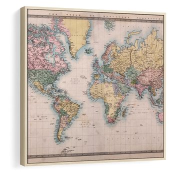 Obraz w ramie 50x50 - Światło Przeszłości - retro mapa świata, mapa - rama drewno