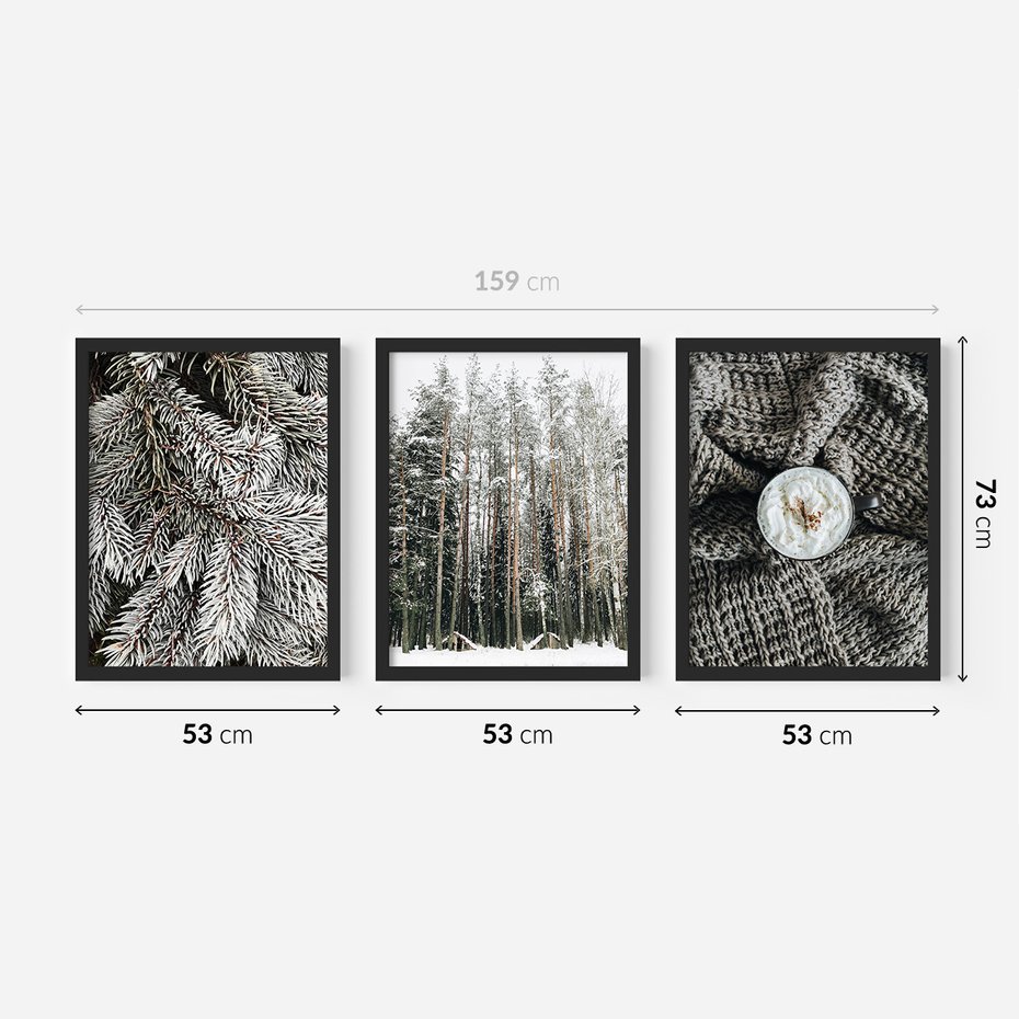 Zestaw obrazy w ramie 50x70 galeria - Las, zima, kawa - rama czarna