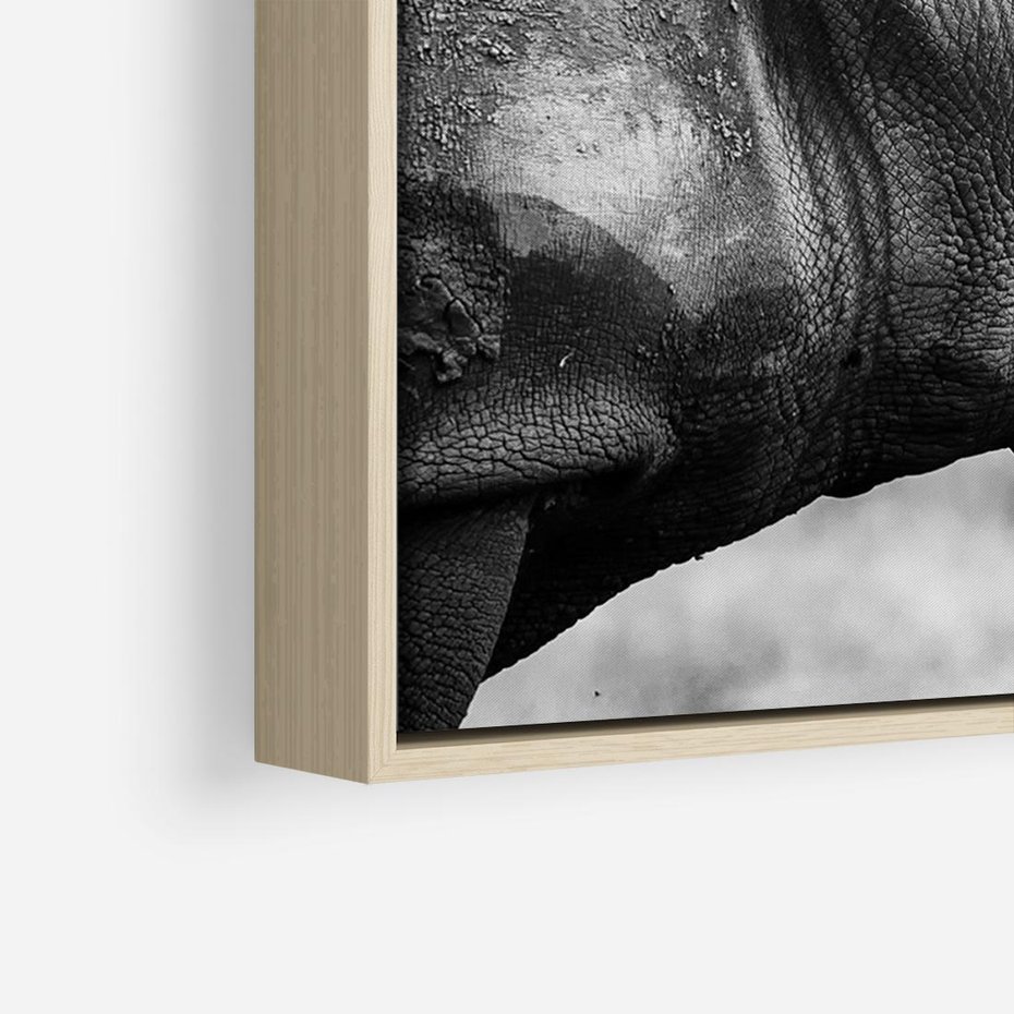 Obraz w ramie 70x50 - Potęga Afryki - czarno biała fotografia, zbliżenie na postać nosorożca - rama drewno