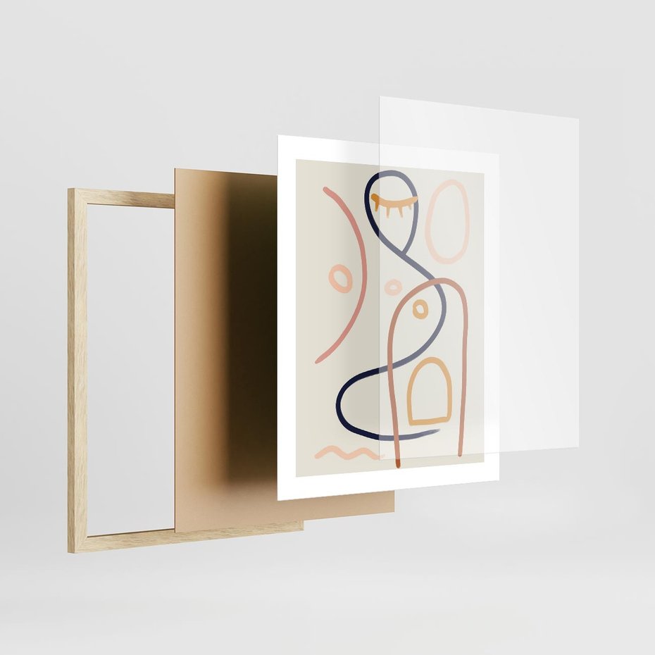 Plakat w ramie 40x50 - Mgnienie Oka - abstrakcja w stylu picasso, beżowe tło - rama drewno