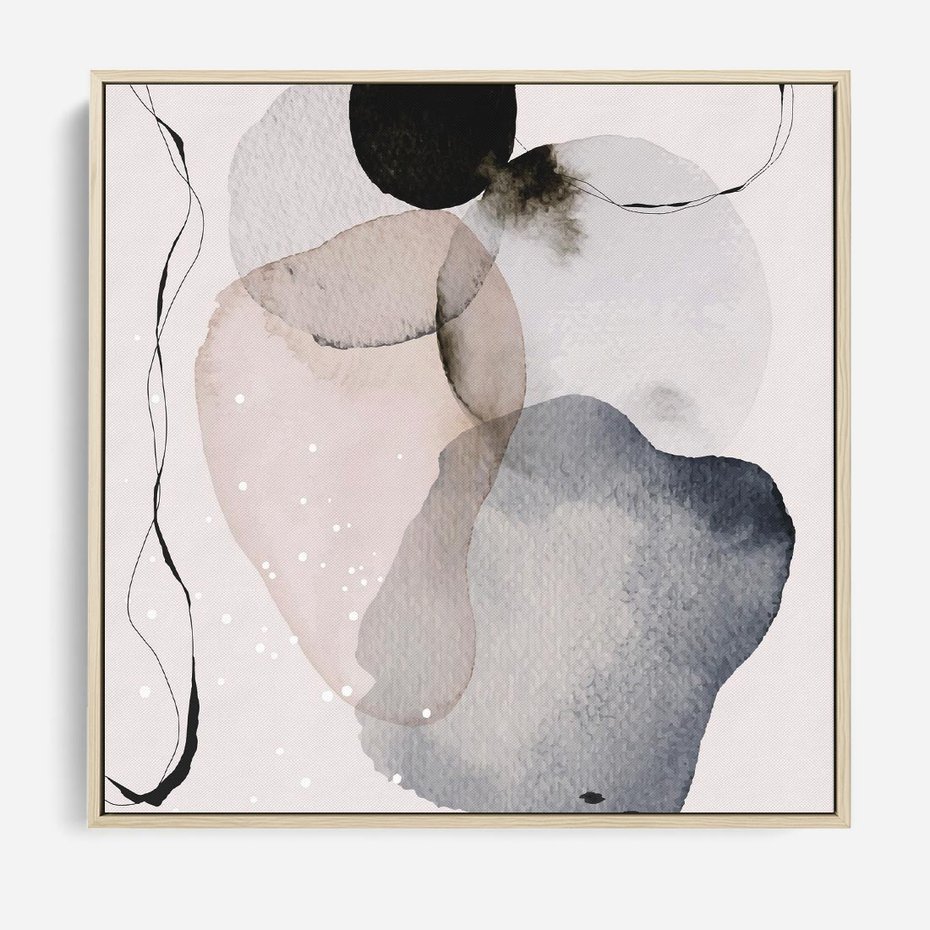 Obraz w ramie 50x50 - Migocące Barwy - abstrakcyjne plamy akwarelowe, czarny szkic - rama drewno