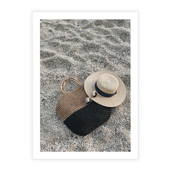 Plakat bez ramy 21x30 - Plażowe Przygotowania - torba plażowa, kapelusz