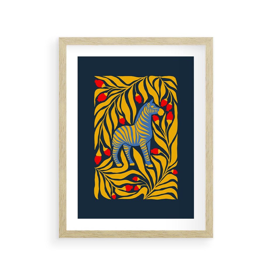 Plakat w ramie 30x40 - Wibracje Wyobraźni - zebra, granatowe tłó - rama drewno