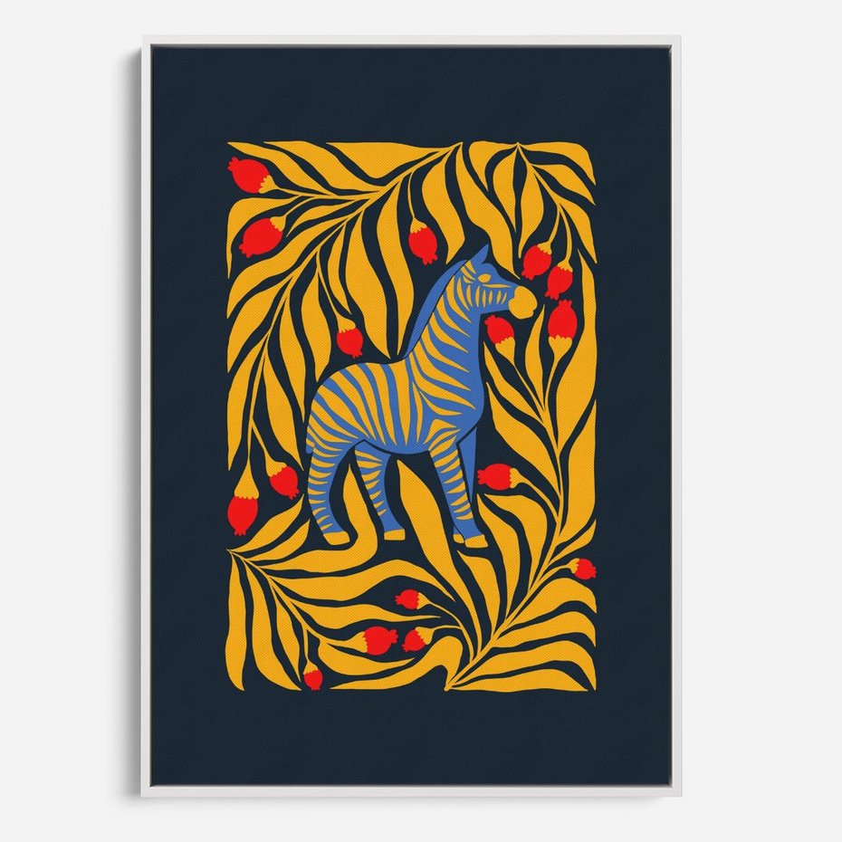 Obraz w ramie 50x70 - Wibracje Wyobraźni - zebra, granatowe tłó - rama biała