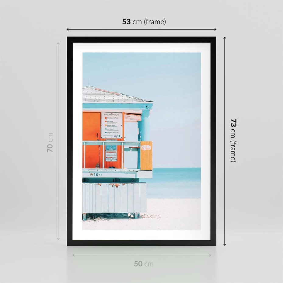 Plakat w ramie 50x70 - Letnia Idylla - plaża, domek na plaży - rama czarna