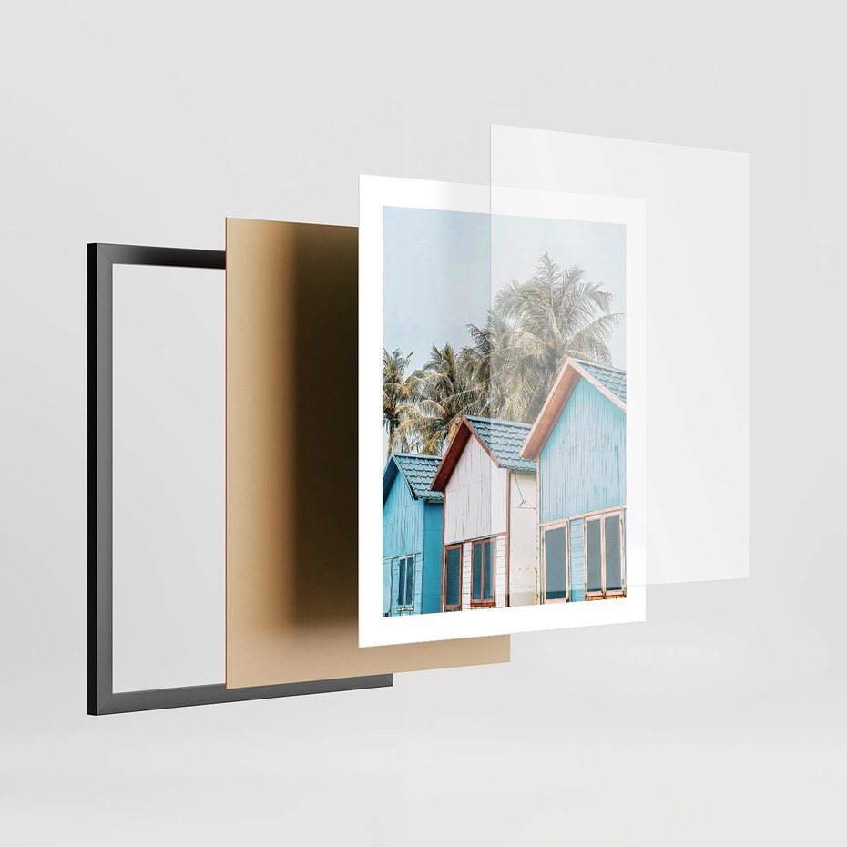 Plakat w ramie 40x50 - Rajskie Wakacje - domki na plaży, błękitne domki - rama czarna