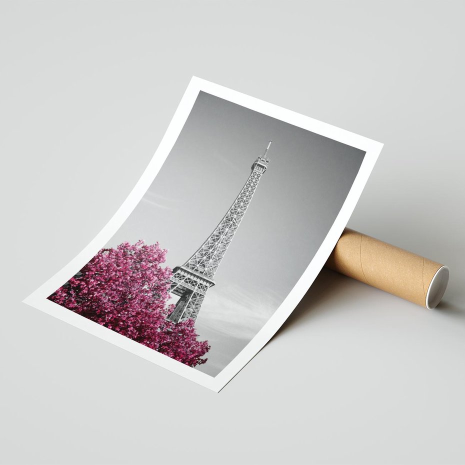 Plakat bez ramy 40x50 - Różowy Paryż - czarno białe zdjęcie, wieża eiffla
