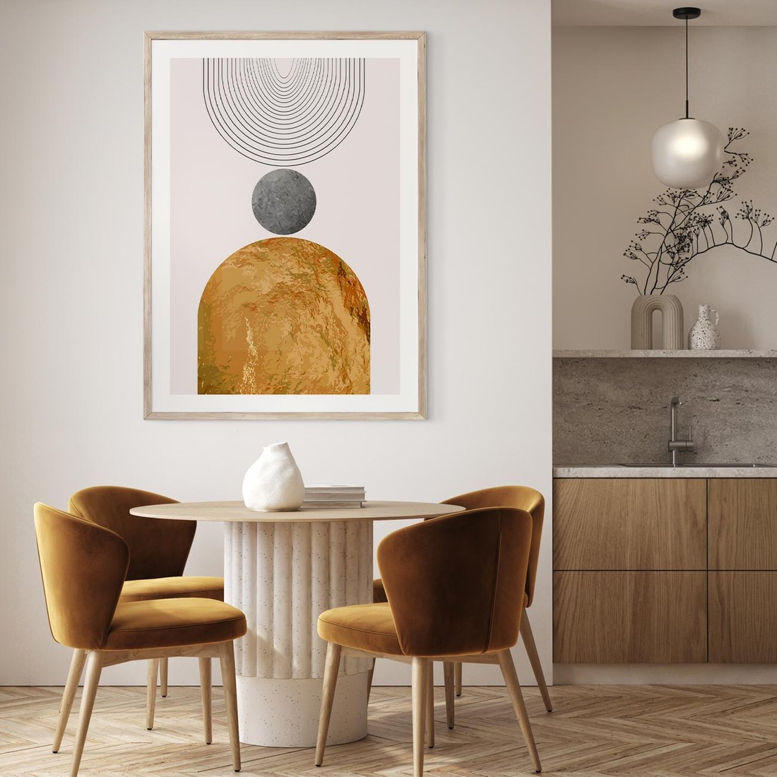 Plakat w ramie 50x70 - Złote Półkole w Sztuce Geometrii - grafika, złote półkole - rama drewno