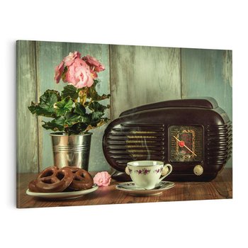 Obraz na płótnie 100x70 - Retro Radio z Kwiatami - Harmonia Nostalgii - retro, radio