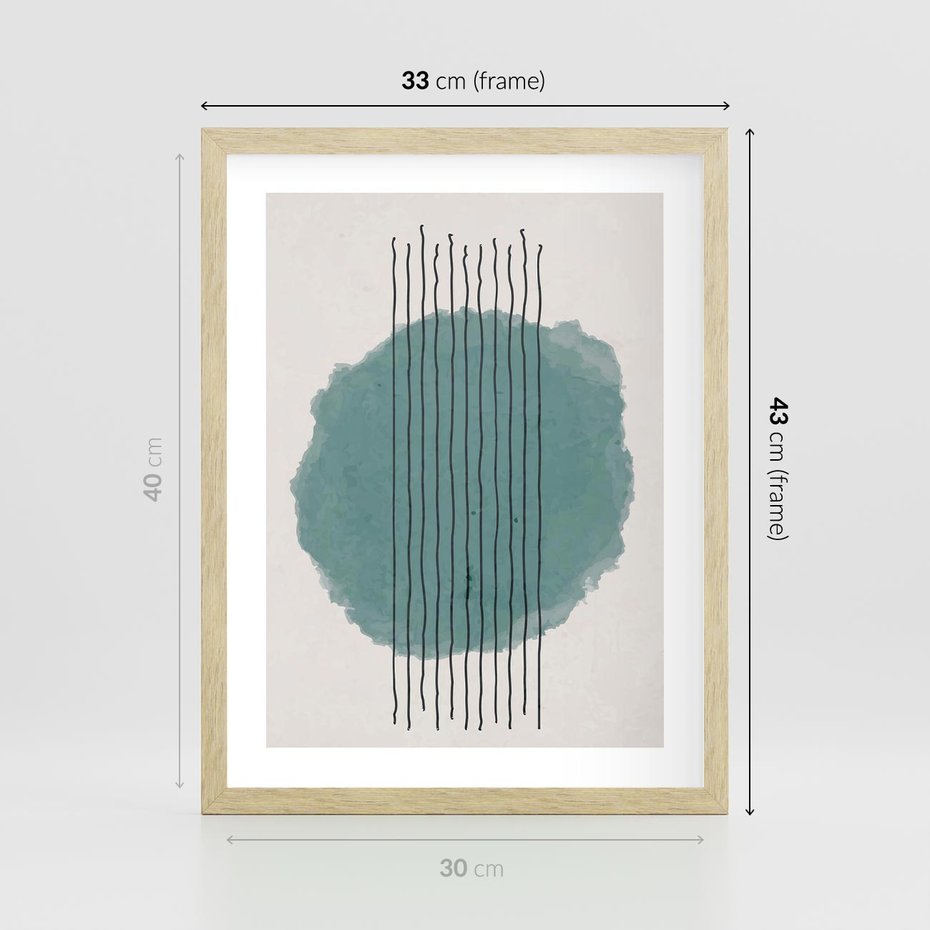 Plakat w ramie 30x40 - Podróżne Inspiracje - abstrakcyjna akwarelowa plama, nieregularne kreski - rama drewno