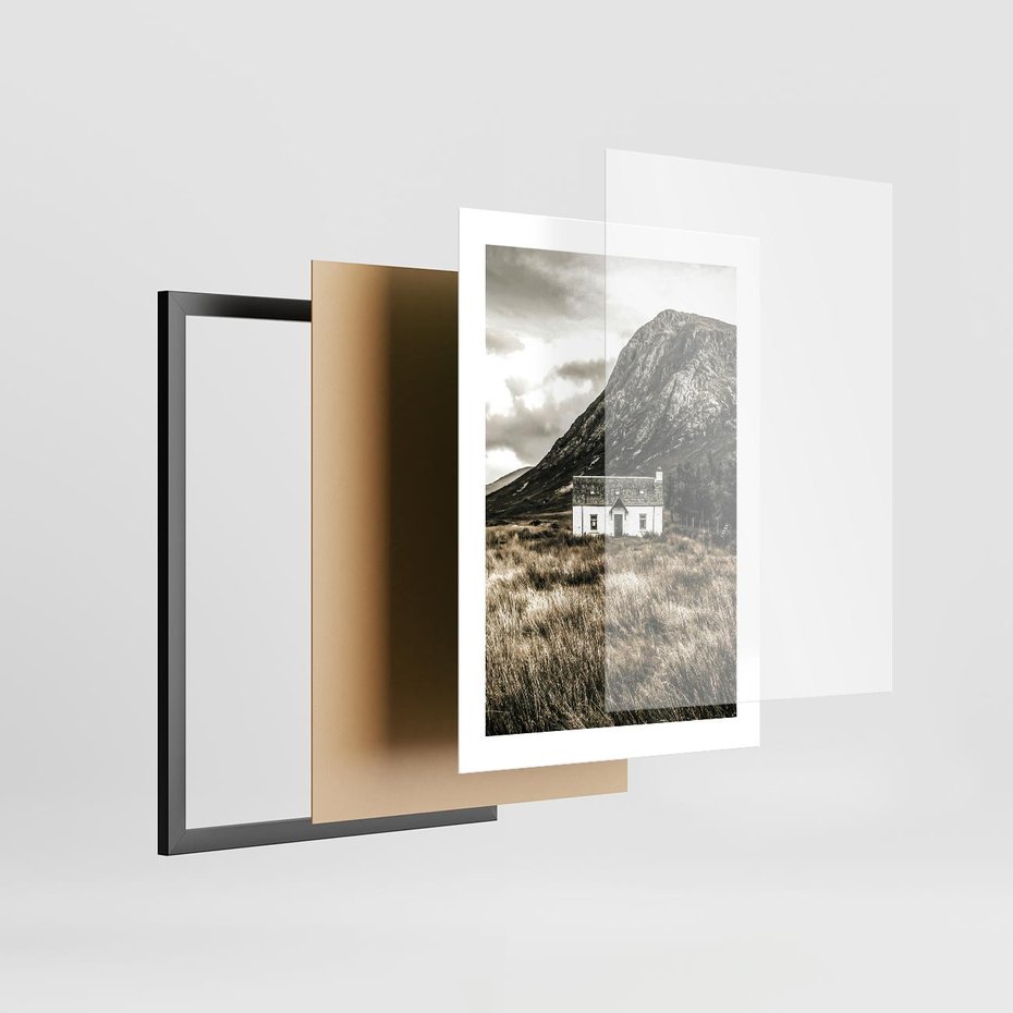 Plakat w ramie 30x40 - Biały Domek w Sepii: Wiejski Urok - domek w górach, kolory sepii - rama czarna