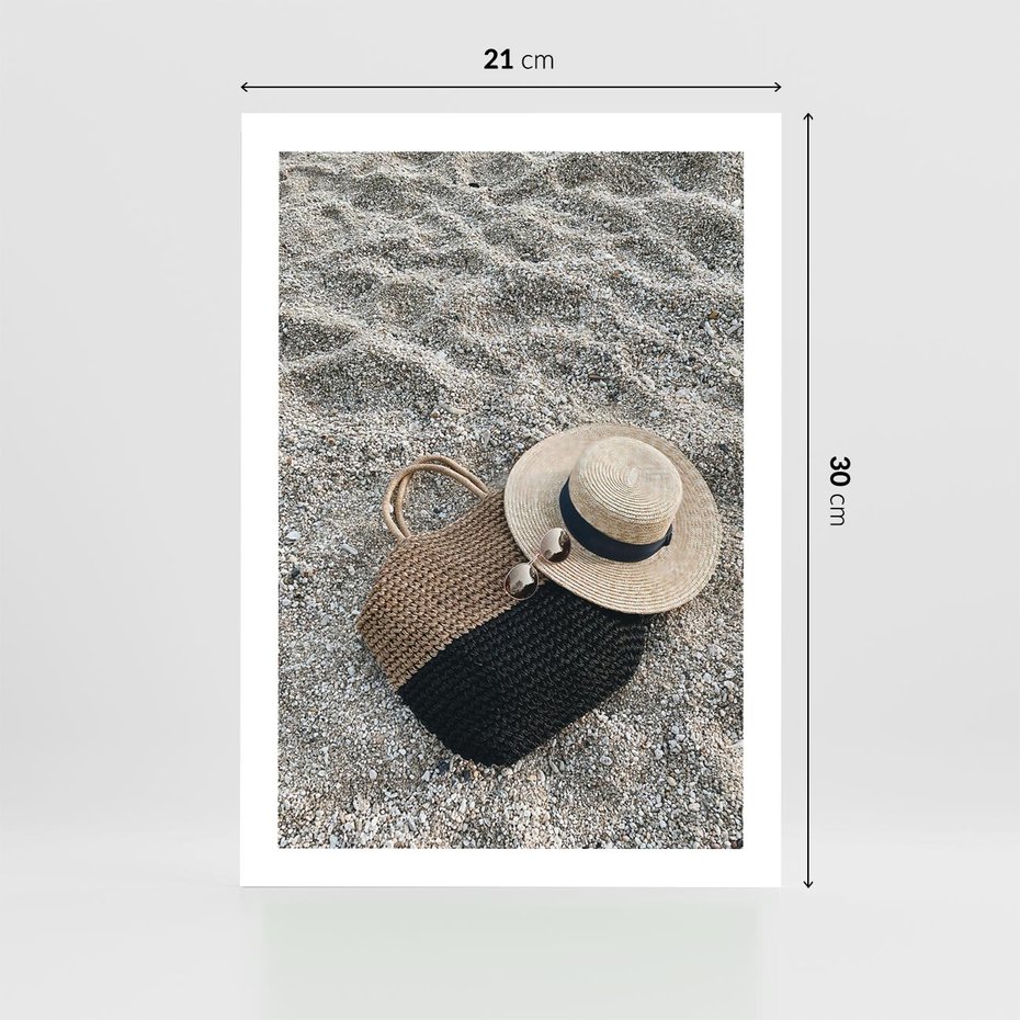 Plakat bez ramy 21x30 - Plażowe Przygotowania - torba plażowa, kapelusz